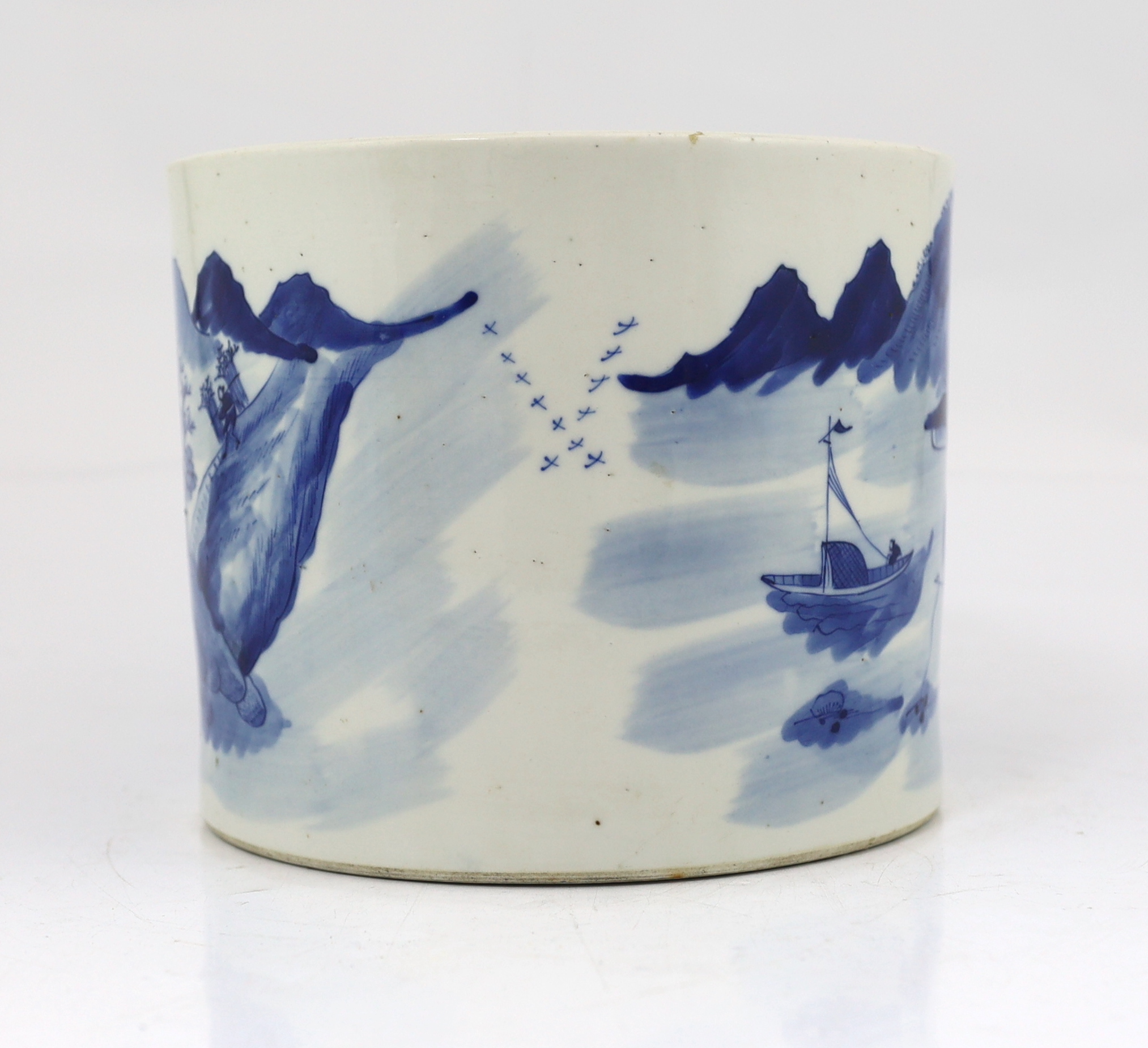 A Chinese blue and white ‘landscape’ cylindrical brushpot, bitong, 19th century